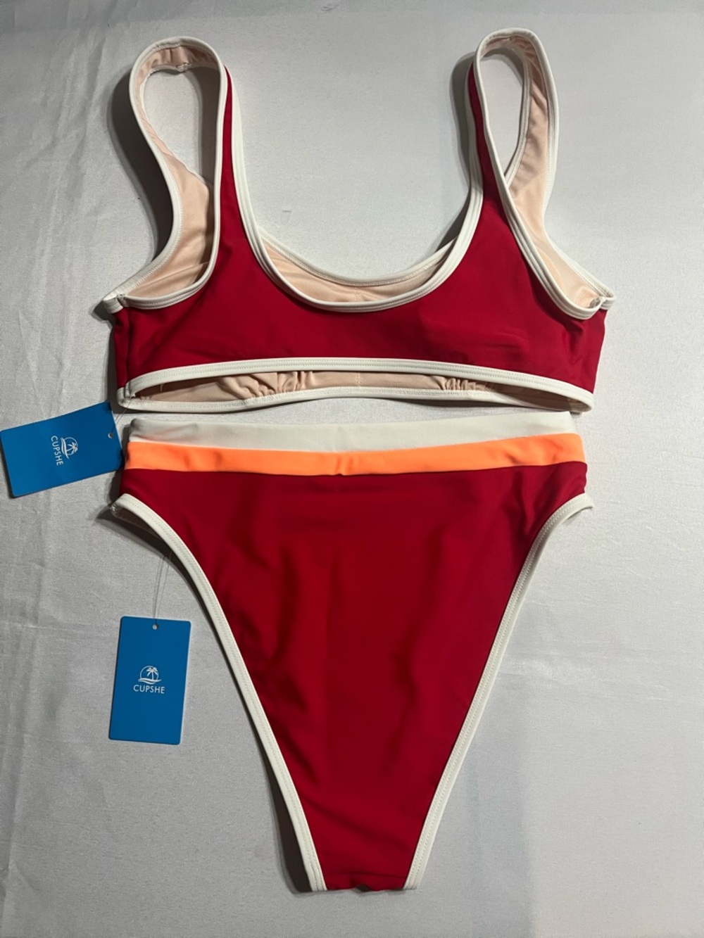 Cupshe Red/Cream Women’s Small 2 Piece Bikini Set High Rise Cheeky Bottoms - Picture 9 of 9